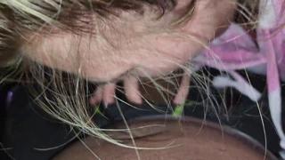 Blonde licks out cum by the bar