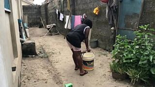 Two dudes plow a maid while neighbors away, giant dicks pound outdoor chore-time booty!