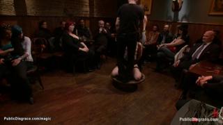 Slutty brown-haired broad gets pounded in public pub