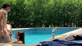 Natasha and Megan sunbathe; Guy cleans pool, then joins nude swim