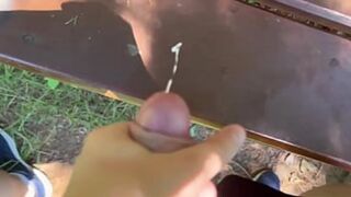 Outdoor park bench cumshot showcase