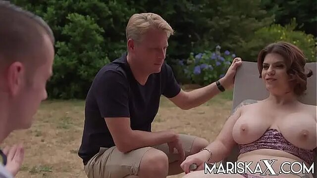 Busty Lucia Love screws landscaper and his friend in outdoor threesome