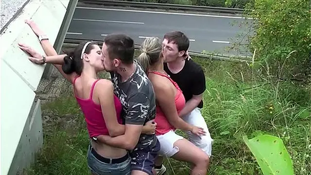 Hot creampie with a curvy babe and big tits in a wild group sex scene by the road
