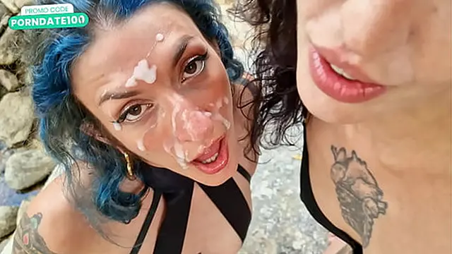 Lesbian squirting session followed by intense creampie cumshot in nature &mdash;  epic outdoor facefuck and sex date