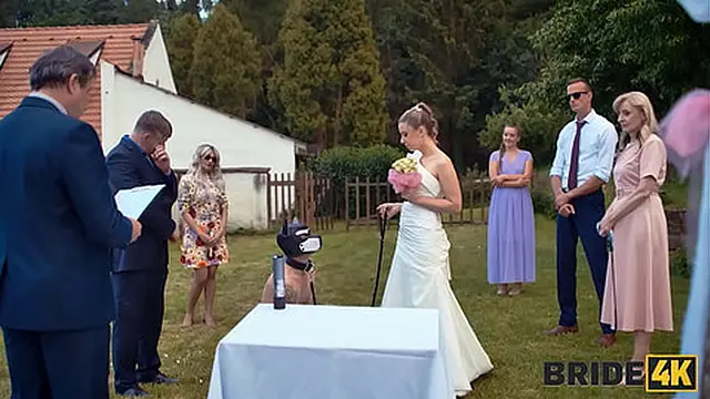 Blonde bride with natural tits gets a wild fuck during her kinky wedding