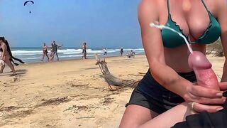 Milf jerks me off in front of everyone  Public ejaculation