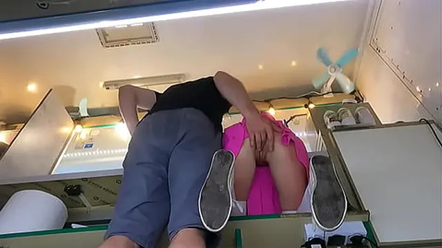 The boss toys with his sexy assistant′s pussy🌮️ as she chats with a customer