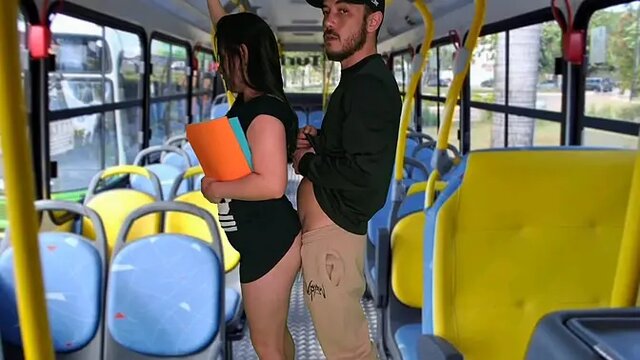 Latina student's round ass grabbed on the bus, rides big cock