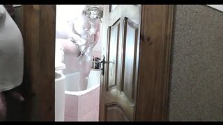 Naked woman sexy blonde in bathroom  Pervert man roommate in short T shirt without panties this watches outside —  masturbate cock and cum  Cumshot  Old young  Wet pussy  Naked in public  Natural tits