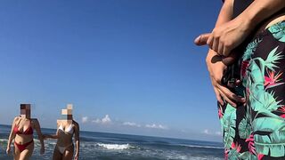 I take out my cock on the public beach to see if any girl fancies it and I get DOUBLE PRIZE