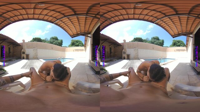 Amateur blonde with a beautiful face rides his member at the public pool,