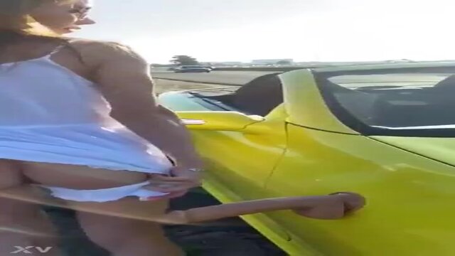 Public wife takes a big dildo up her ass