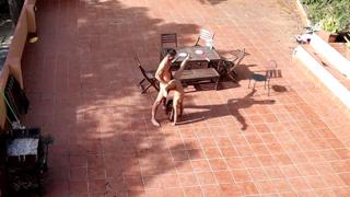 Outdoor Fun in the Courtyard: Couples Pleasuring Themselves