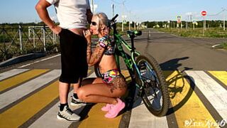 Blonde blows guys publicly, deepthroated and facialized at busy intersection