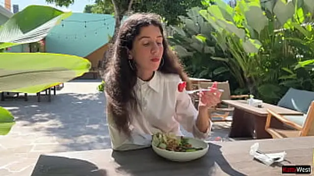 Friend′s cumshot on face for cafe sperm snack - Public Cumwalk